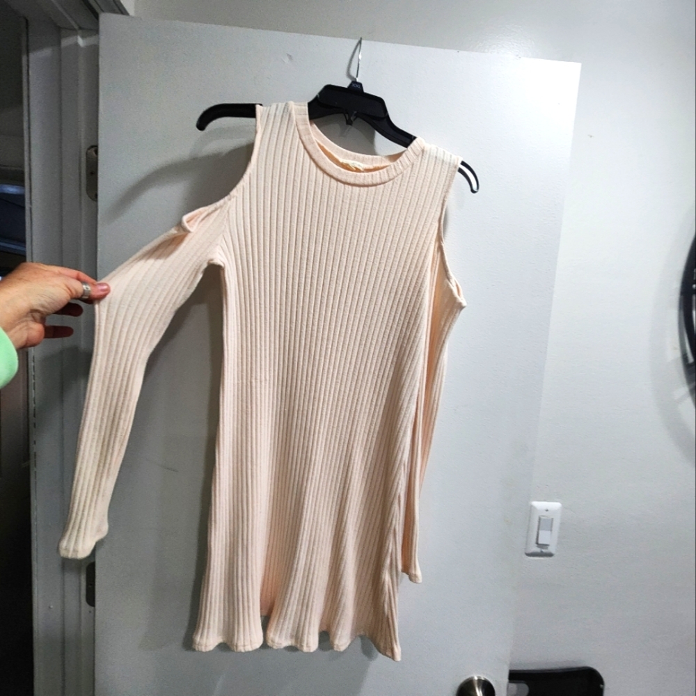Straight dress. Dress it up or down.  Light pink with cut-out shoulders.